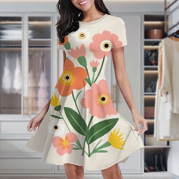 Pretty Floral Bouquet Spring Blooms Women's Classic Swing Skater Dress Casual Work Party Cocktail Dresses