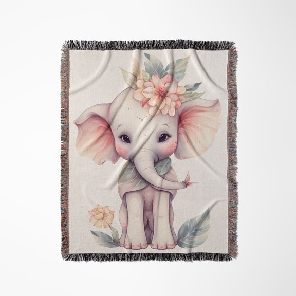 Pretty Floral Elephant Illustration, Woven Blanket