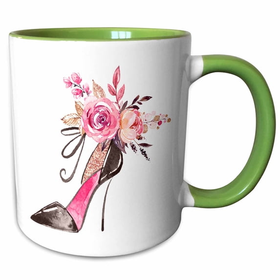 3drose, Pretty Floral High Heel Shoe Illustration, 11oz Two-tone Green Mug