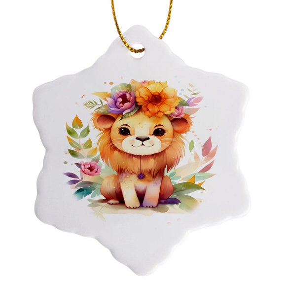 3drose, Pretty Floral Lion Illustration, 3 inch Snowflake Porcelain Ornament