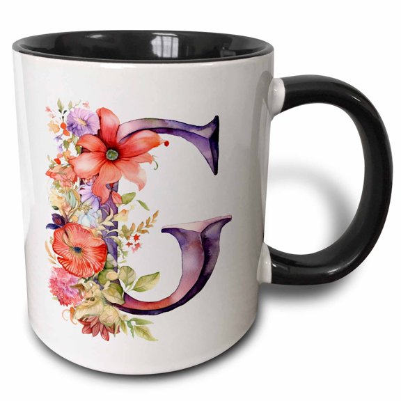 3drose, Pretty Floral Monogram G, 11oz Two-tone Black Mug