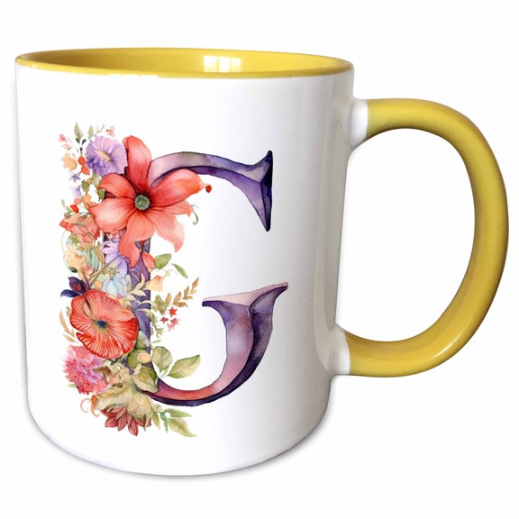 3drose, Pretty Floral Monogram G, 11oz Two-tone Yellow Mug