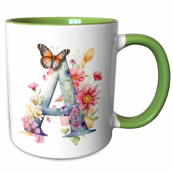 3drose, Pretty Floral Monogram Initial A, 11oz Two-tone Green Mug