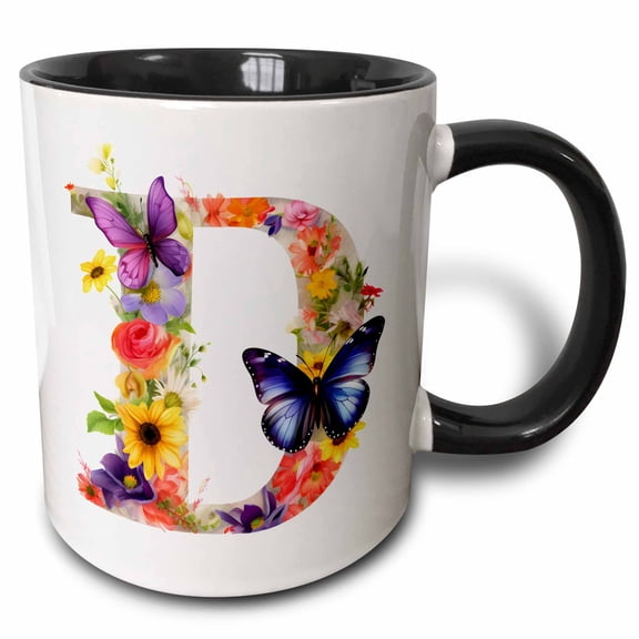 3drose, Pretty Floral Monogram Initial D, 11oz Two-tone Black Mug