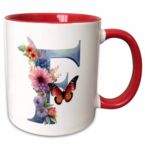 3drose, Pretty Floral Monogram Initial F, 11oz Two-tone Red Mug