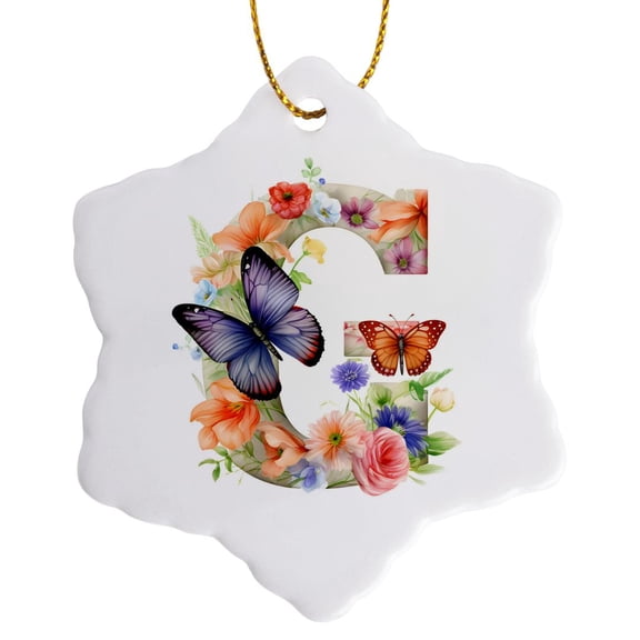 3drose, Pretty Floral Monogram Initial G, 3 inch Snowflake Porcelain Ornament