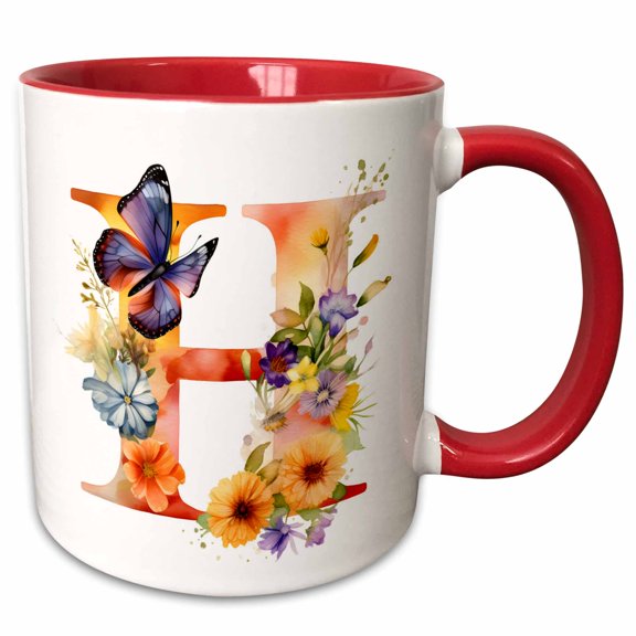 3drose, Pretty Floral Monogram Initial H, 15oz Two-tone Red Mug