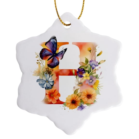 3drose, Pretty Floral Monogram Initial H, 3 inch Snowflake Porcelain Ornament