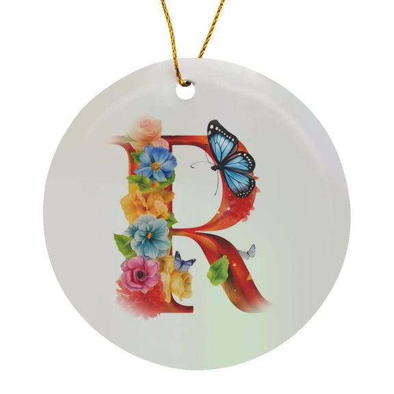 3drose, Pretty Floral Monogram Initial R, Circle Porcelain Ornament