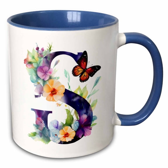 3drose, Pretty Floral Monogram Initial S, 15oz Two-tone Blue Mug