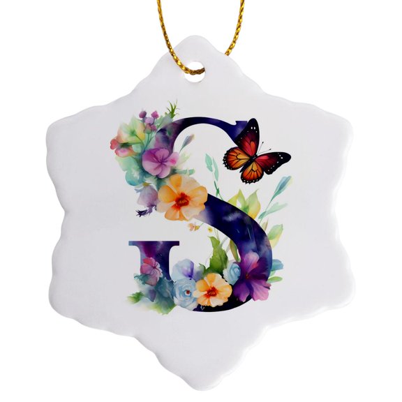 3drose, Pretty Floral Monogram Initial S, 3 inch Snowflake Porcelain Ornament