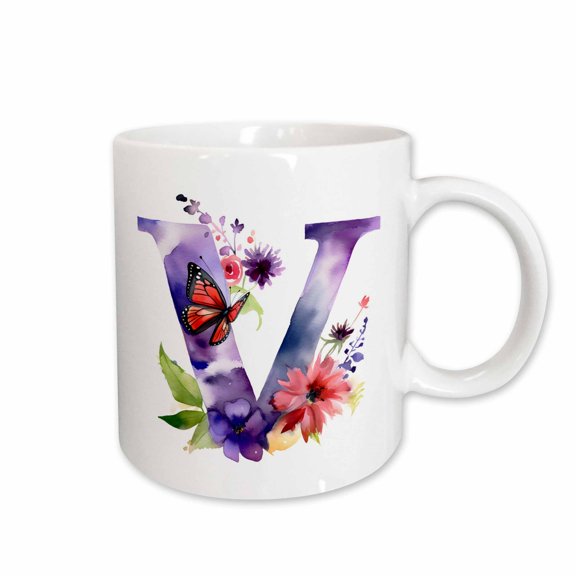 3drose, Pretty Floral Monogram Initial V, 11oz Mug