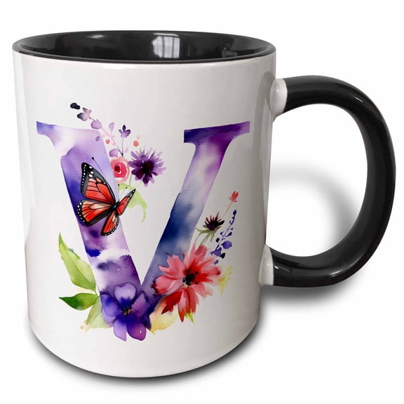 3drose, Pretty Floral Monogram Initial V, 11oz Two-tone Black Mug