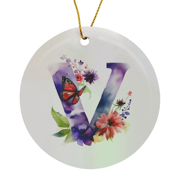 3drose, Pretty Floral Monogram Initial V, Circle Porcelain Ornament