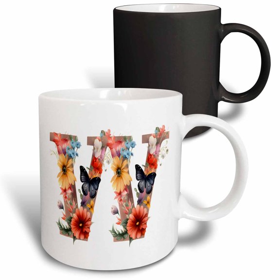 3drose, Pretty Floral Monogram Initial W, 11oz Magic Transforming Mug
