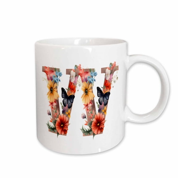 3drose, Pretty Floral Monogram Initial W, 11oz Mug