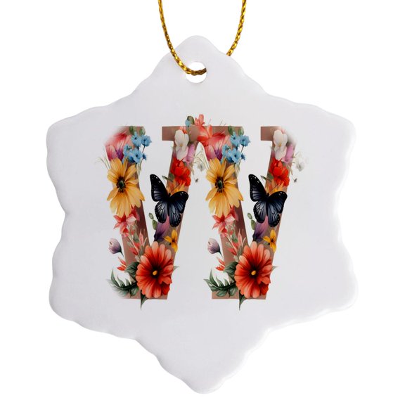 3drose, Pretty Floral Monogram Initial W, 3 inch Snowflake Porcelain Ornament