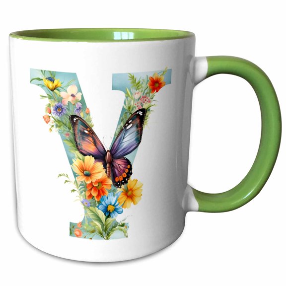3drose, Pretty Floral Monogram Initial Y, 15oz Two-tone Green Mug