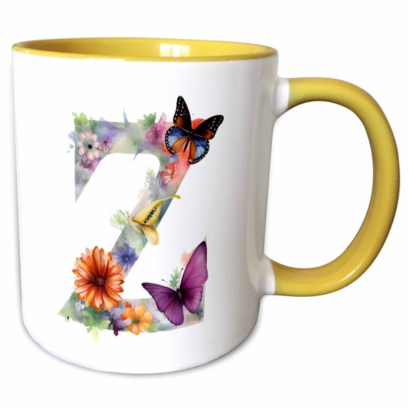 3drose, Pretty Floral Monogram Initial Z, 15oz Two-tone Yellow Mug