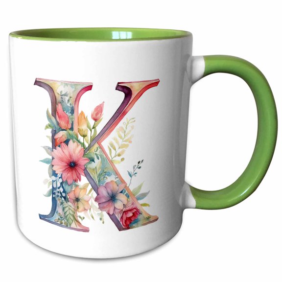 3drose, Pretty Floral Monogram K, 11oz Two-tone Green Mug