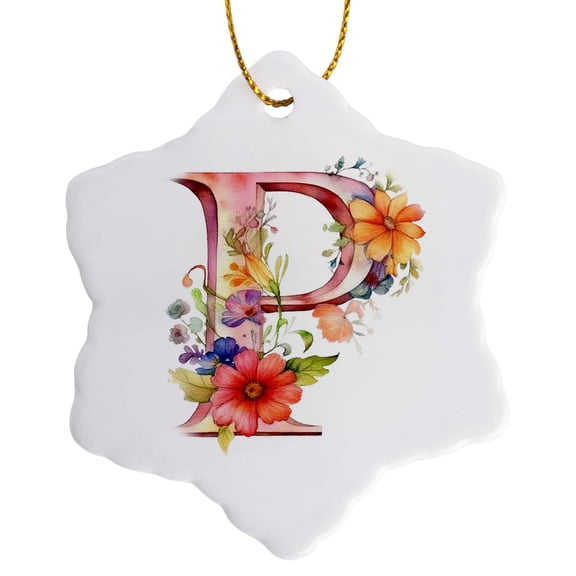 3drose, Pretty Floral Monogram P, 3 inch Snowflake Porcelain Ornament