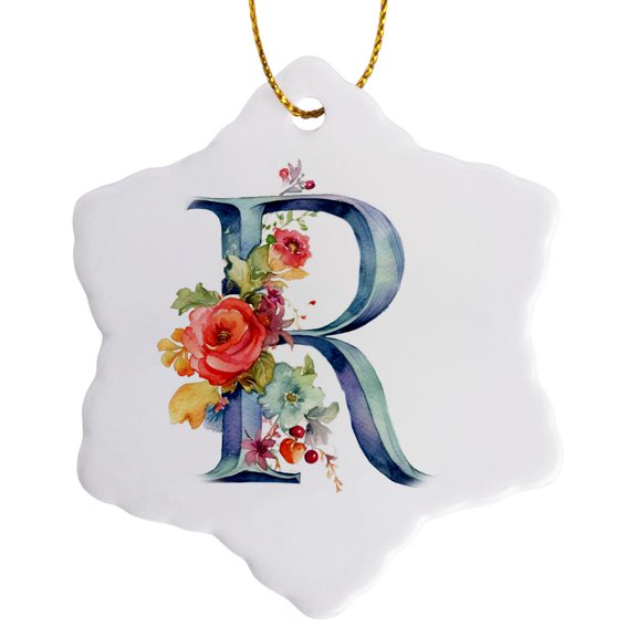 3drose, Pretty Floral Monogram R, 3 inch Snowflake Porcelain Ornament