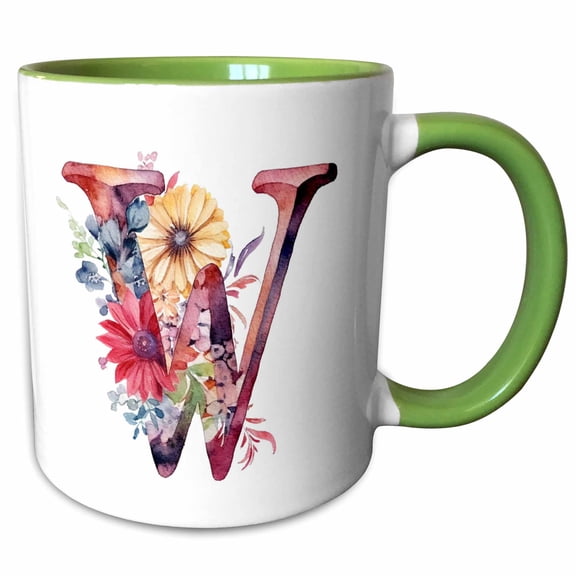 3drose, Pretty Floral Monogram W, 11oz Two-tone Green Mug