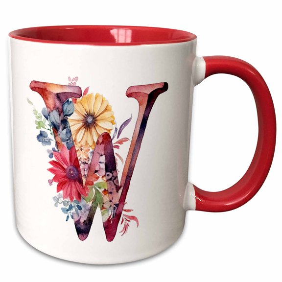 3drose, Pretty Floral Monogram W, 11oz Two-tone Red Mug