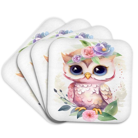 3drose, Pretty Floral Owl Illustration, Set of 4 Coasters - Soft
