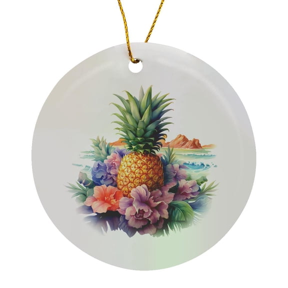 3drose, Pretty Floral Pineapple Illustration, Circle Porcelain Ornament