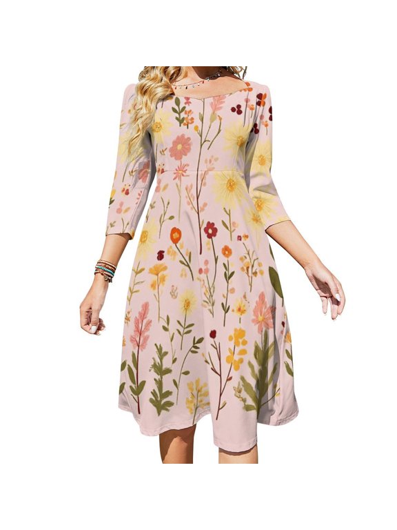 Pretty Floral Pink Summer Design Flare Dress Square Neck Dress Elegant Female Fashion Printed Dress