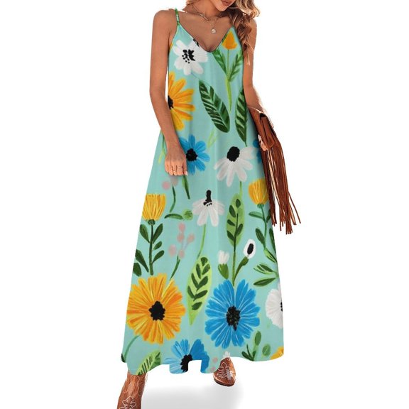 Pretty Floral Teal Painted Design Sleeveless Dress Dresses Women Summer Women's Summer Clothing