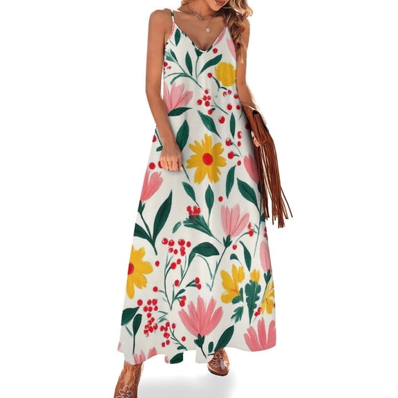 Pretty Floral White Background Design Sleeveless Dress Loose Women's Dress Dresses Luxury Evening Dresses