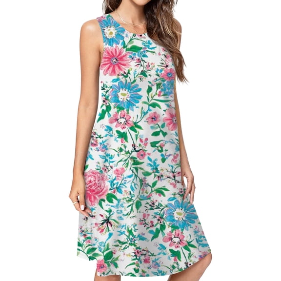Pretty Floral White Background Pattern Casual Sleeveless Loose Sundress Dress For Women Summer Dress Daily Woman