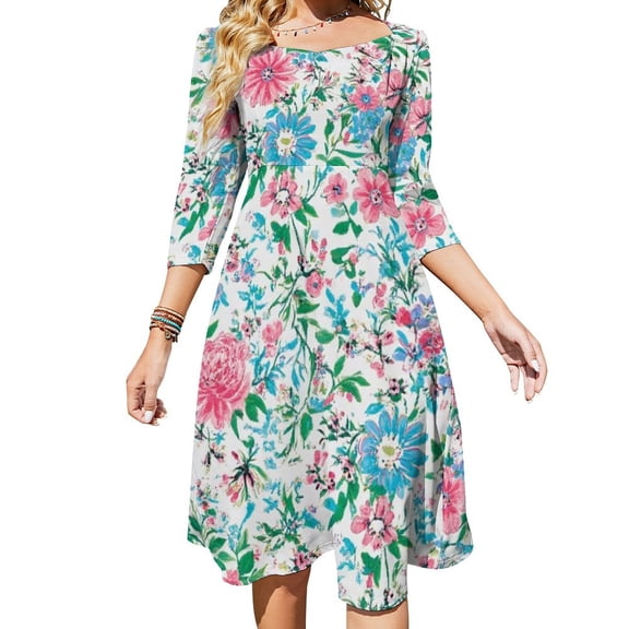 Pretty Floral White Background Pattern Women's 3/4 Sleeve Dresses Elegant A-Line Midi Dress Flare Summer Casual Sundress