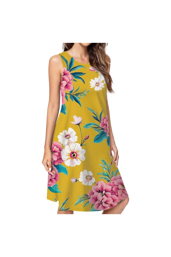 Pretty Floral Yellow Background Pattern Dress Loose Women'S Dress Beach Dresses With Pockets Dresses For Womens