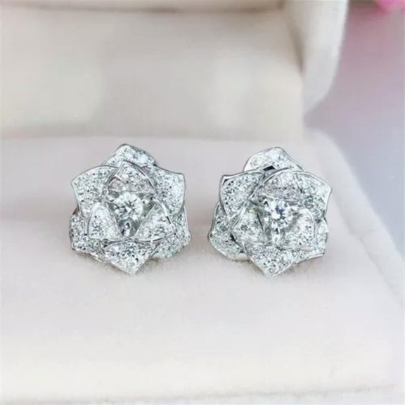 Pretty Flower Jewelry 925 Silver Stud Earring Cubic Zircon Wedding Gifts A Pair
