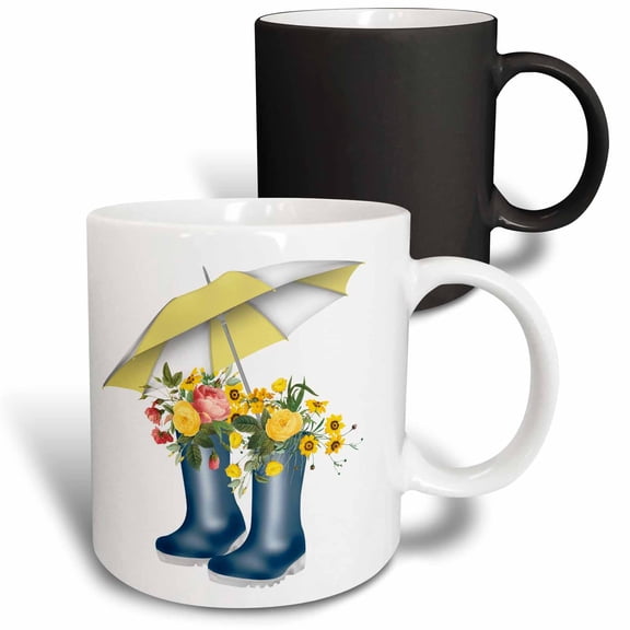 3drose, Pretty Flowers in Blue Rain Boots with a Yellow and White Umbrella, 11oz Magic Transforming Mug