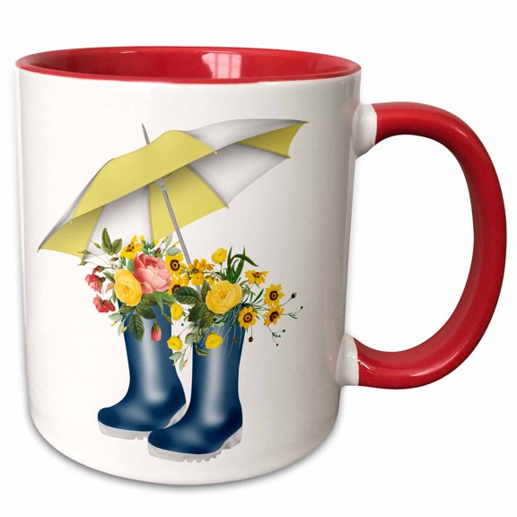 3drose, Pretty Flowers in Blue Rain Boots with a Yellow and White Umbrella, 11oz Two-tone Red Mug