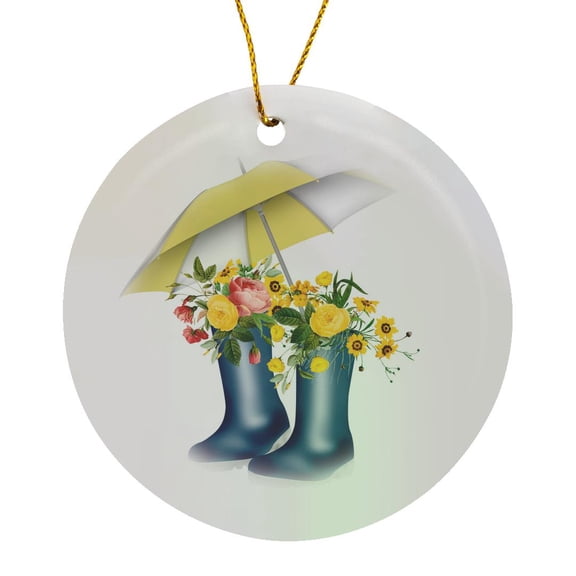 3drose, Pretty Flowers in Blue Rain Boots with a Yellow and White Umbrella, Circle Porcelain Ornament