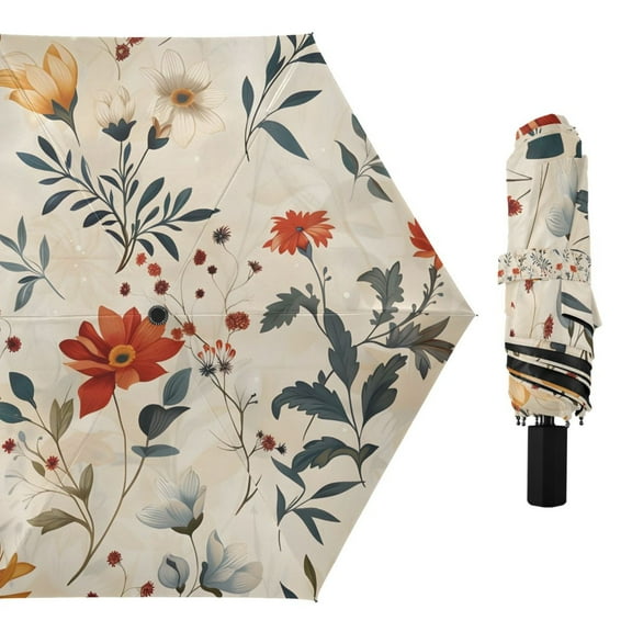 Pretty Flowers and Leaf Compact Sun Umbrella Windproof Travel Umbrellas for Rain Strong Portable UV Protection