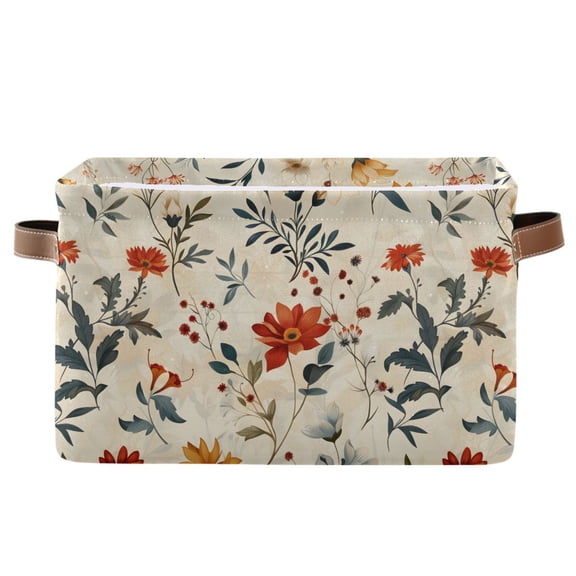 Pretty Flowers and Leaf Storage Bins with Handle Fabric Organizer Basket Foldable Box 1 Pack 14.2x10.2x8.3