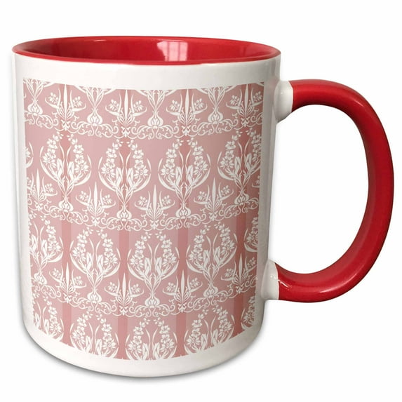 3drose, Pretty French Country Damask in White over Pink Stripe, 11oz Two-tone Red Mug