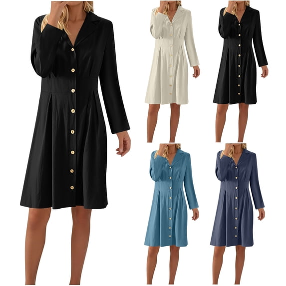 Pretty Garden Dresses for Women And Linen Solid Color Causal Turndown Collar Long Sleeve Button Dress