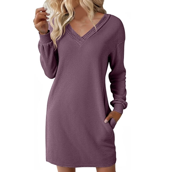 Garden Dresses for Women Solid Color Casual Long Sleeved V-neck Side Pocket Casual Fashion Dress