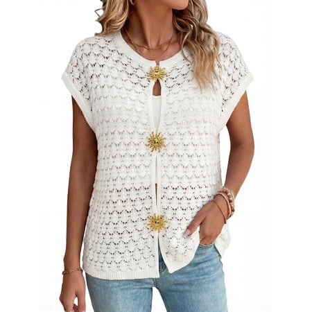 PRETTYGARDEN Women's Knit Sleeveless Sweater Vest with Gold Buttons, Sizes S-XXL