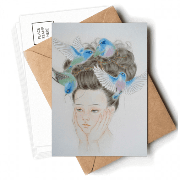 Pretty Girl Blue Bird Chinese Painting Postcards Envelopes Blank Note Cards Mailing