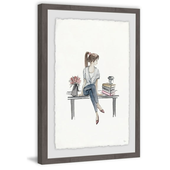 Pretty Girl Sitting on a Bench Framed Painting Print
