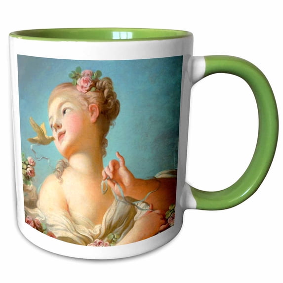 3drose, Pretty Girl with Roses in Her Hair and Bird - Classic Romantic Art by Jean-honore Fragonard - 1770s, 11oz Two-tone Green Mug