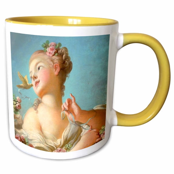 3drose, Pretty Girl with Roses in Her Hair and Bird - Classic Romantic Art by Jean-honore Fragonard - 1770s, 11oz Two-tone Yellow Mug